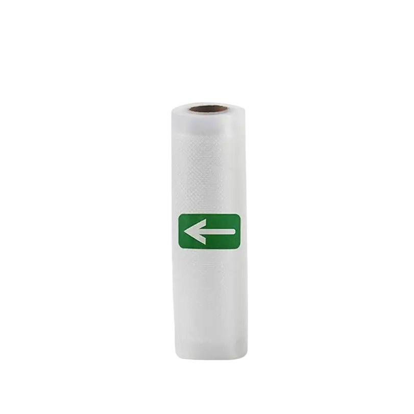 A white translucent vacuum sealer food storage bag roll with textured clear material and a green arrow label