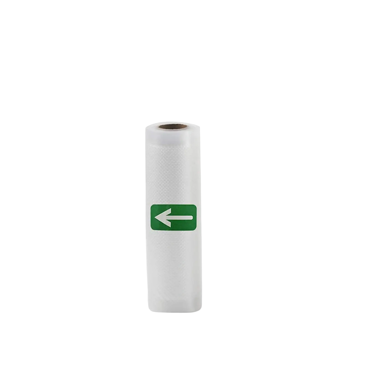 A white translucent textured clear roll of vacuum sealer food storage bags with a green arrow sticker on the side