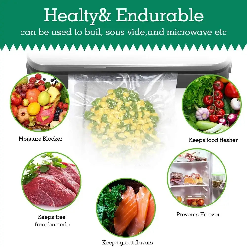White and gray vacuum sealer machine sealing textured clear rolls of food storage bags around various foods