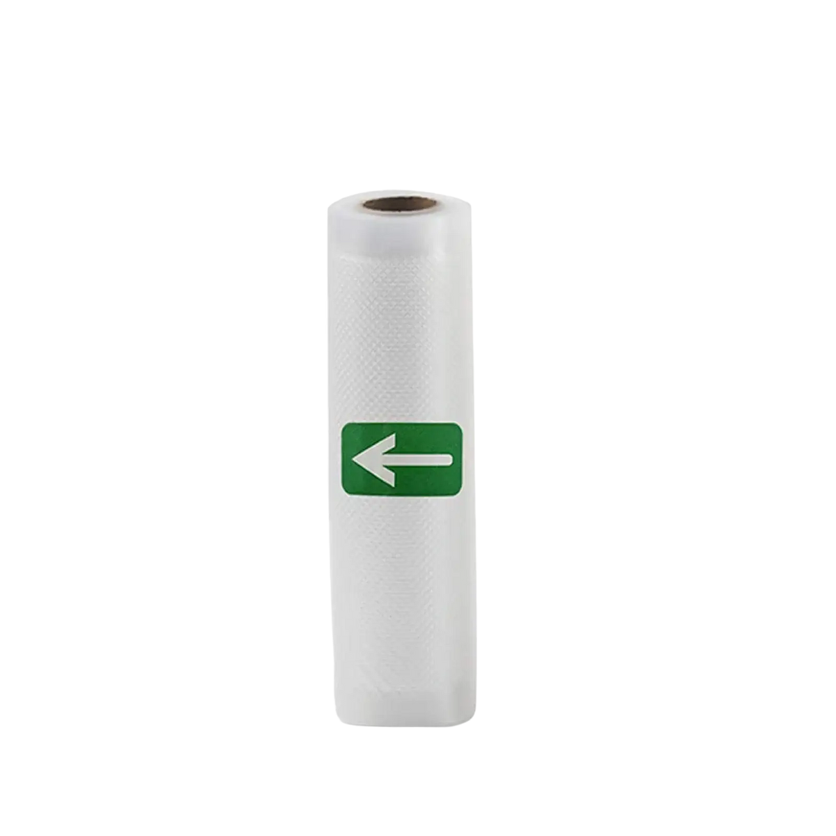 A white textured vacuum sealer food storage bag with a green arrow label for food preservation and sealing