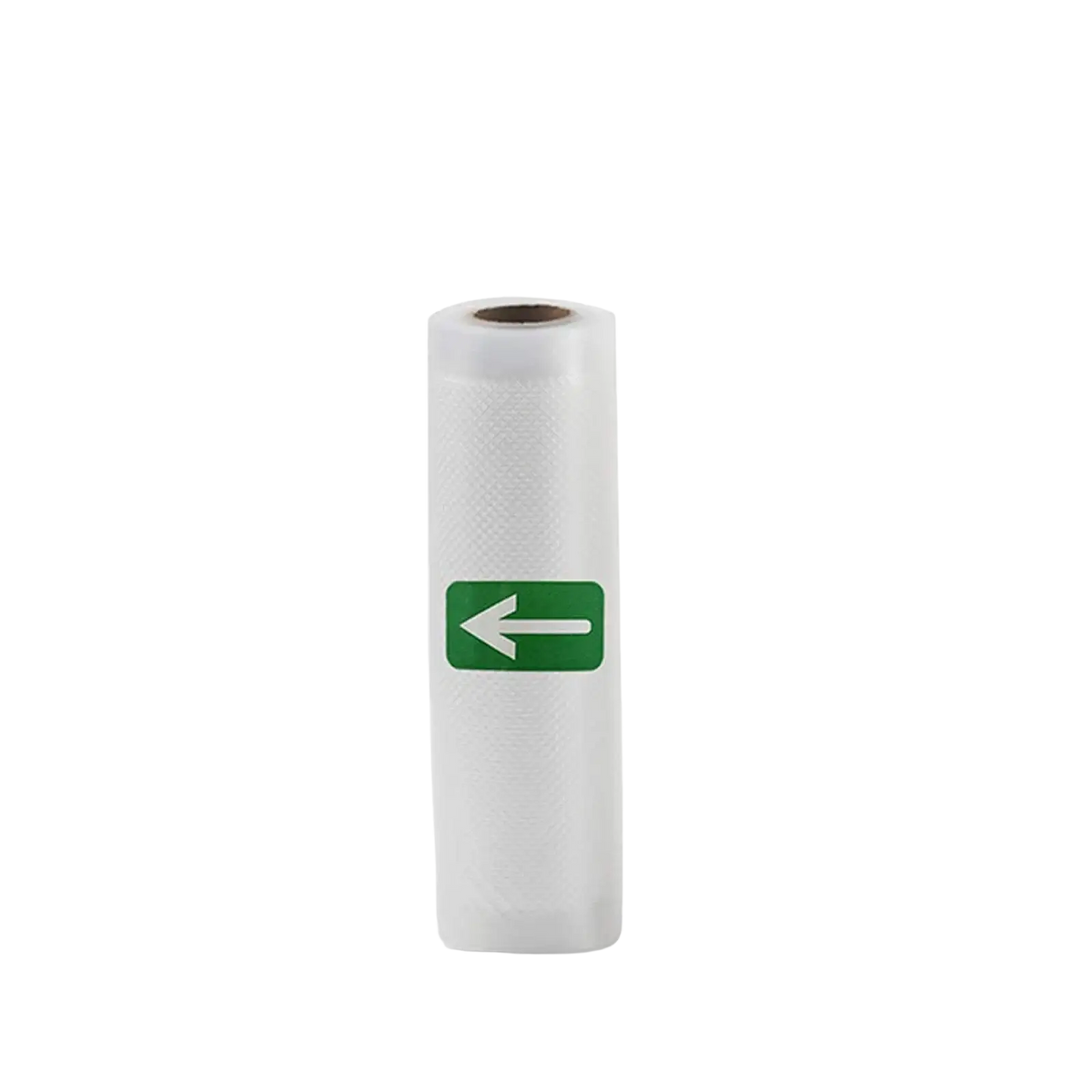 A white textured clear vacuum sealer food storage bag roll with a green arrow label for airtight storage