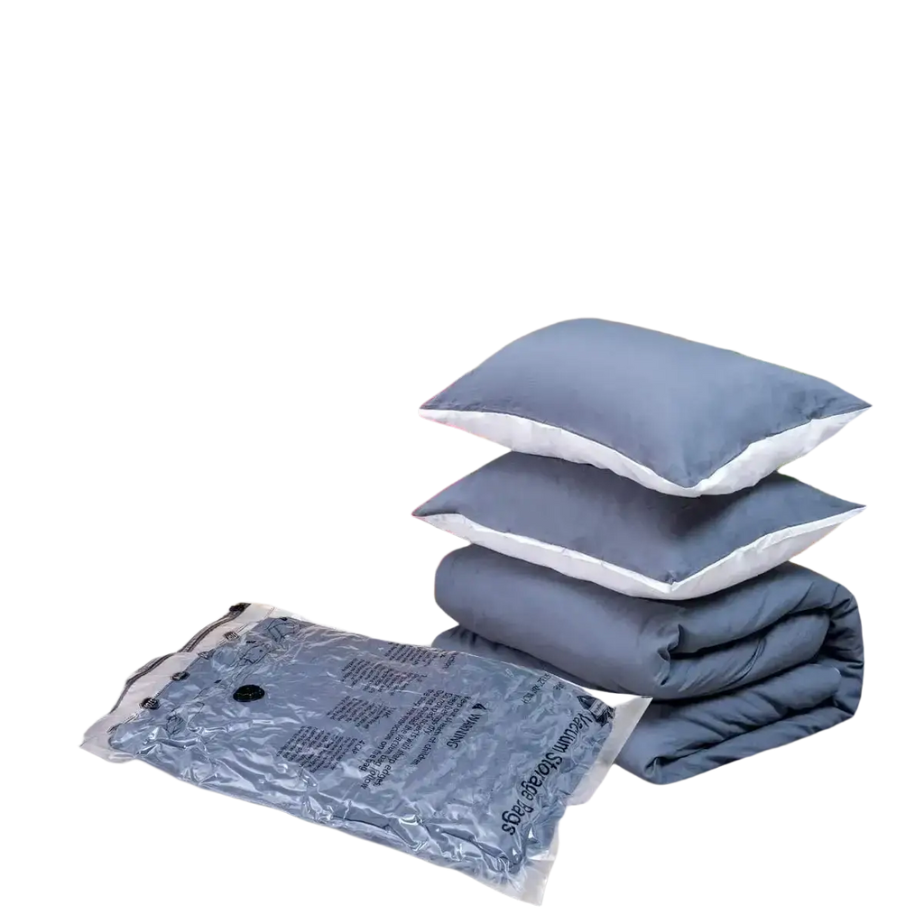 Clear plastic vacuum storage bags with black zipper and sealing tab featuring printed instructions for space saver use