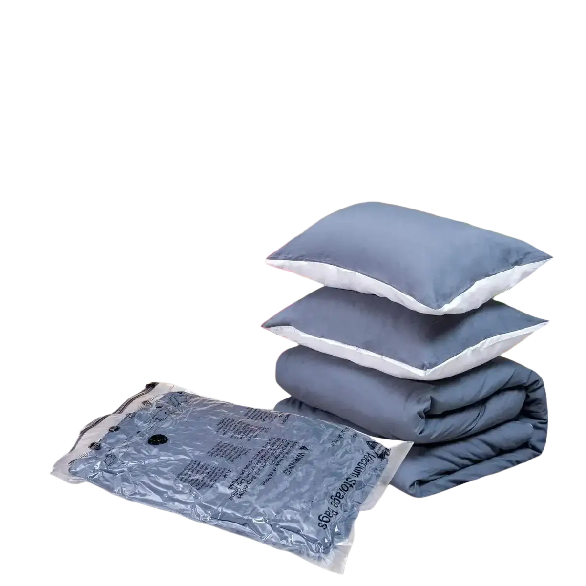 Clear plastic vacuum storage bags with black zipper and sealing tab featuring printed instructions for space saver use