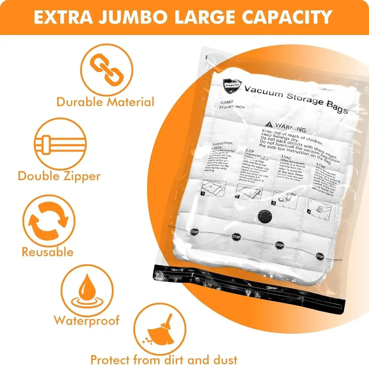 White jumbo vacuum storage bag 27.5 x 31 inch with black zipper for space saver storage bags pack of 20