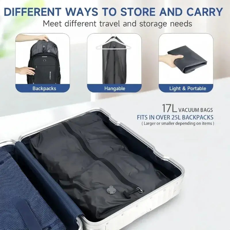 Black 17l vacuum storage bag with silver valve and zipper inside an open suitcase for vacuum storage with air pump