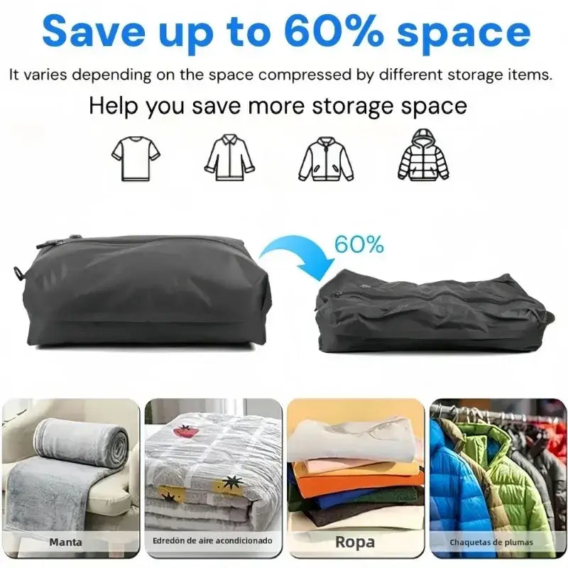 Black compact vacuum storage bags with air pump designed to save up to 60 percent space when folded 17l capacity