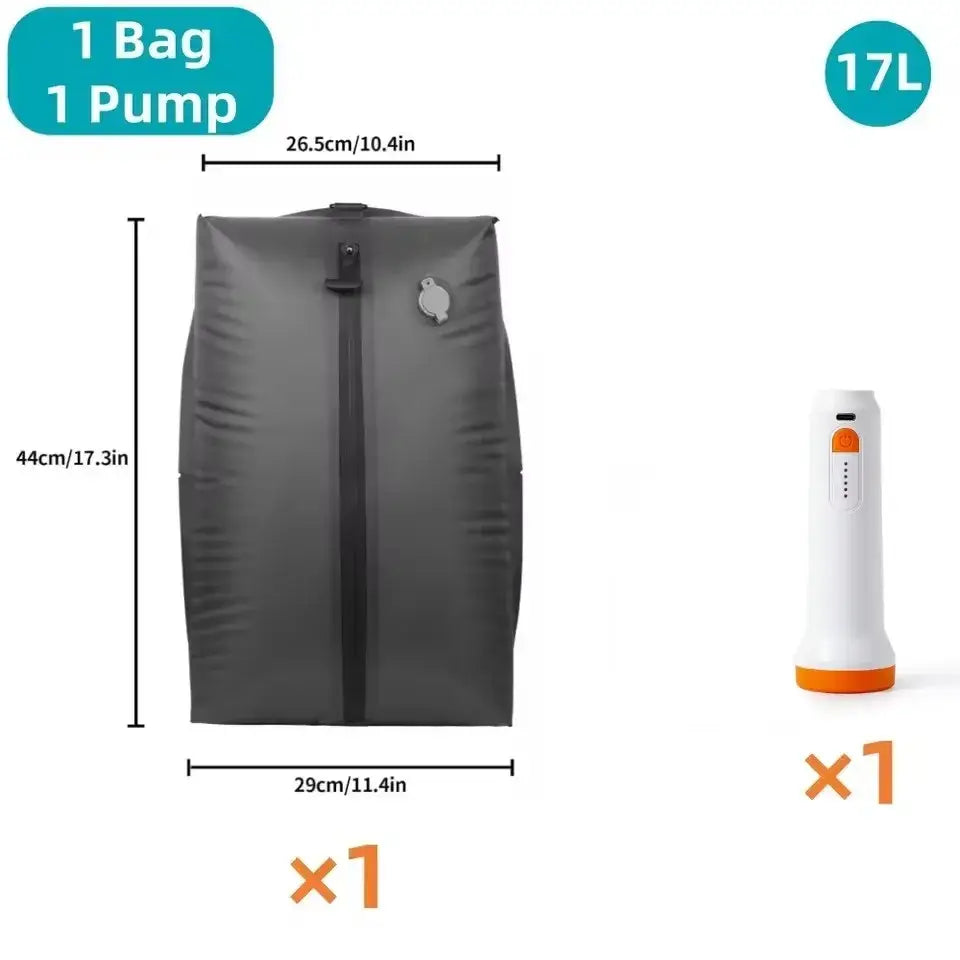 Black inflatable vacuum storage bag with white air pump included for efficient 17l vacuum storage use