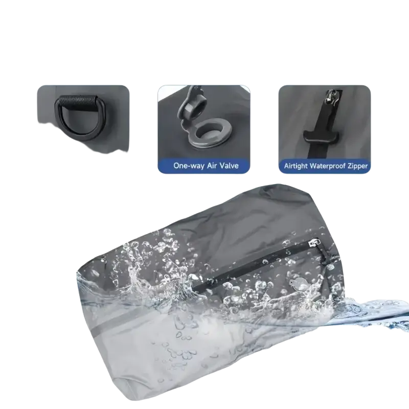 Black waterproof dry bag with airtight zipper and d-ring attachment for vacuum storage bags with air pump 17l