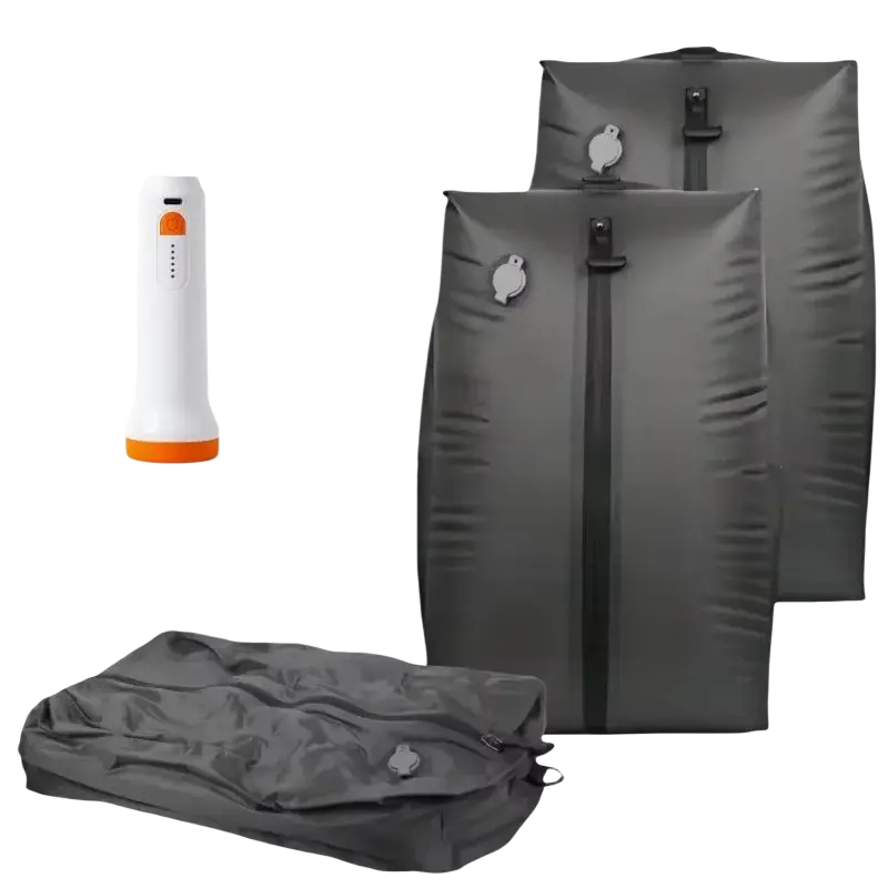 Gray inflatable travel mattress set with white and orange air pump for vacuum storage bags 17l storage bags use