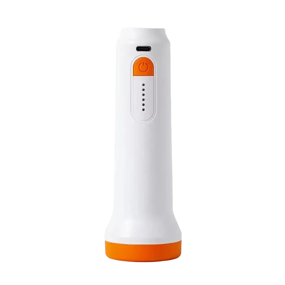 White and orange rechargeable air pump flashlight with usb port and battery indicator for vacuum storage bags 17l