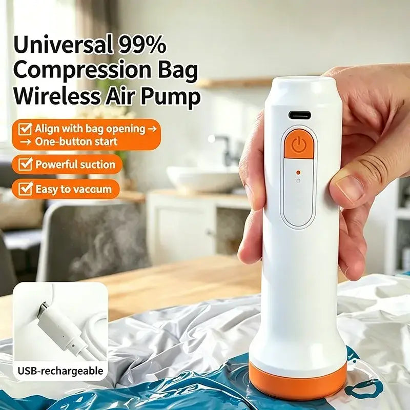 White and orange usb rechargeable air pump for vacuum storage bags compressing 17l storage bags efficiently