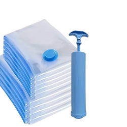 Blue plastic vacuum pump with matching cap and handle for use with baby clothes vacuum storage bags