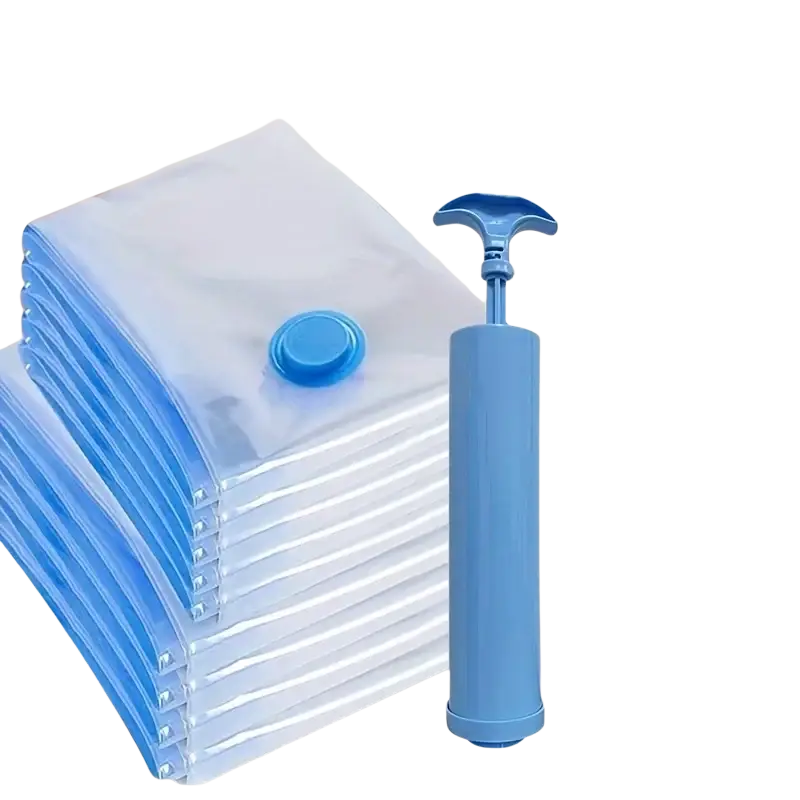 Blue plastic vacuum pump with matching cap and handle for use with baby clothes vacuum storage bags
