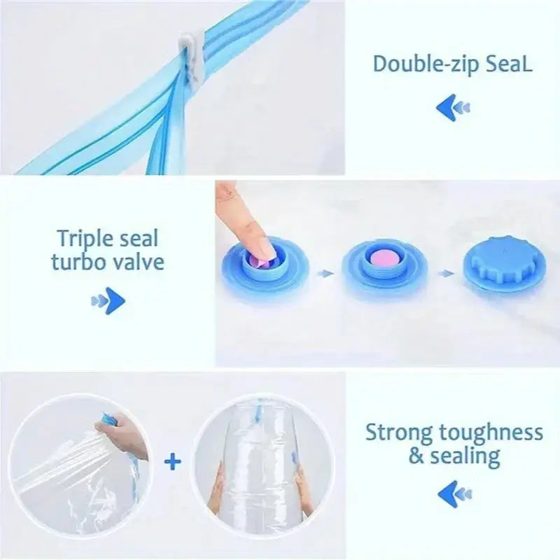 Blue plastic vacuum storage bags for clothes and baby clothes with double-zip seal and triple seal turbo valve