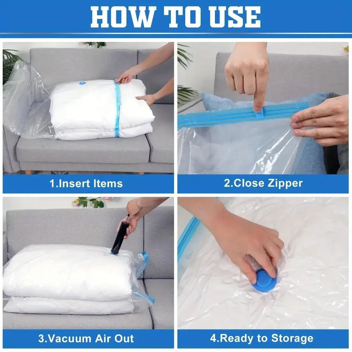 Clear plastic vacuum storage bags with blue zipper and pump attachment for storing baby clothes and bedding