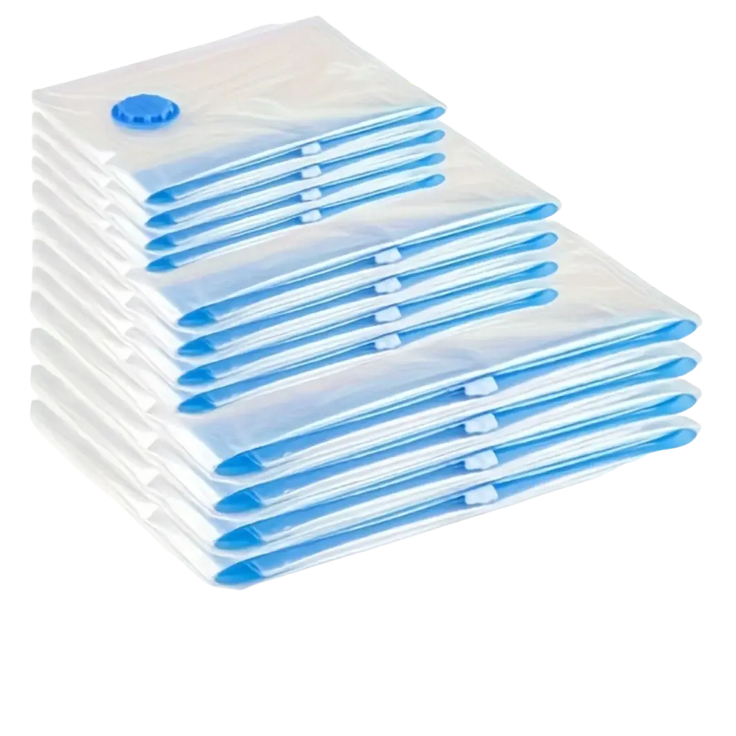 Clear plastic vacuum storage bags with blue sealing strips and valve cap suitable for clothes and baby clothes storage bags