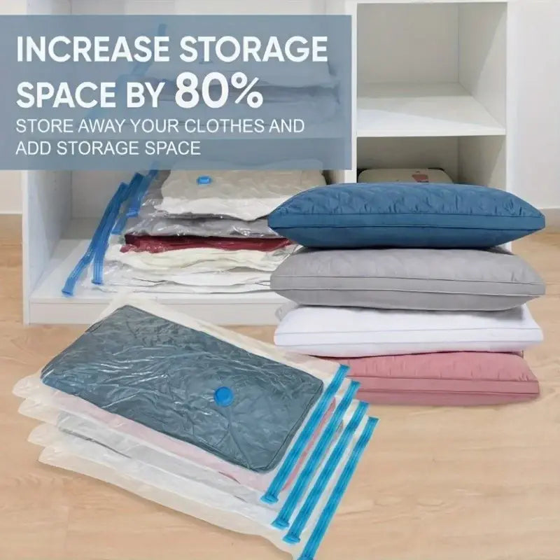 Clear plastic vacuum storage bags for clothes and bedding with blue zipper pulls and valve for compressing baby clothes