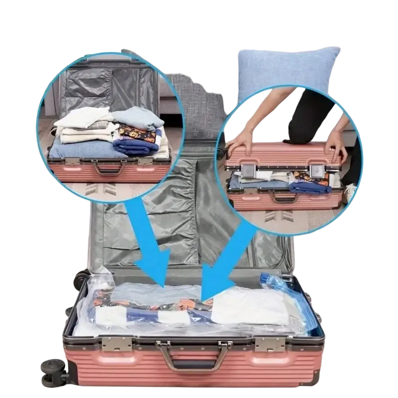 Vacuum storage bags for clothes and baby clothes with a pink hard-shell suitcase featuring silver trim and black wheels
