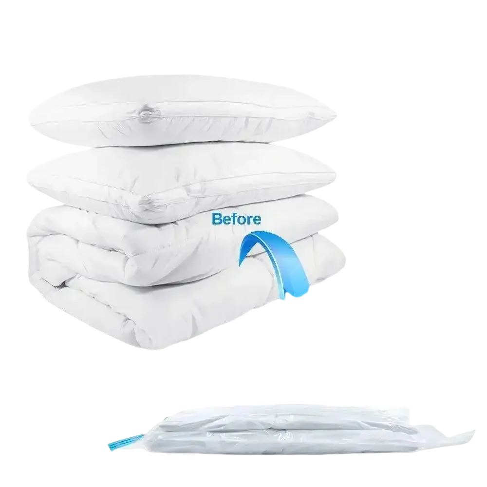 White vacuum storage bags for clothes and bedding with blue zipper pull made of transparent plastic material