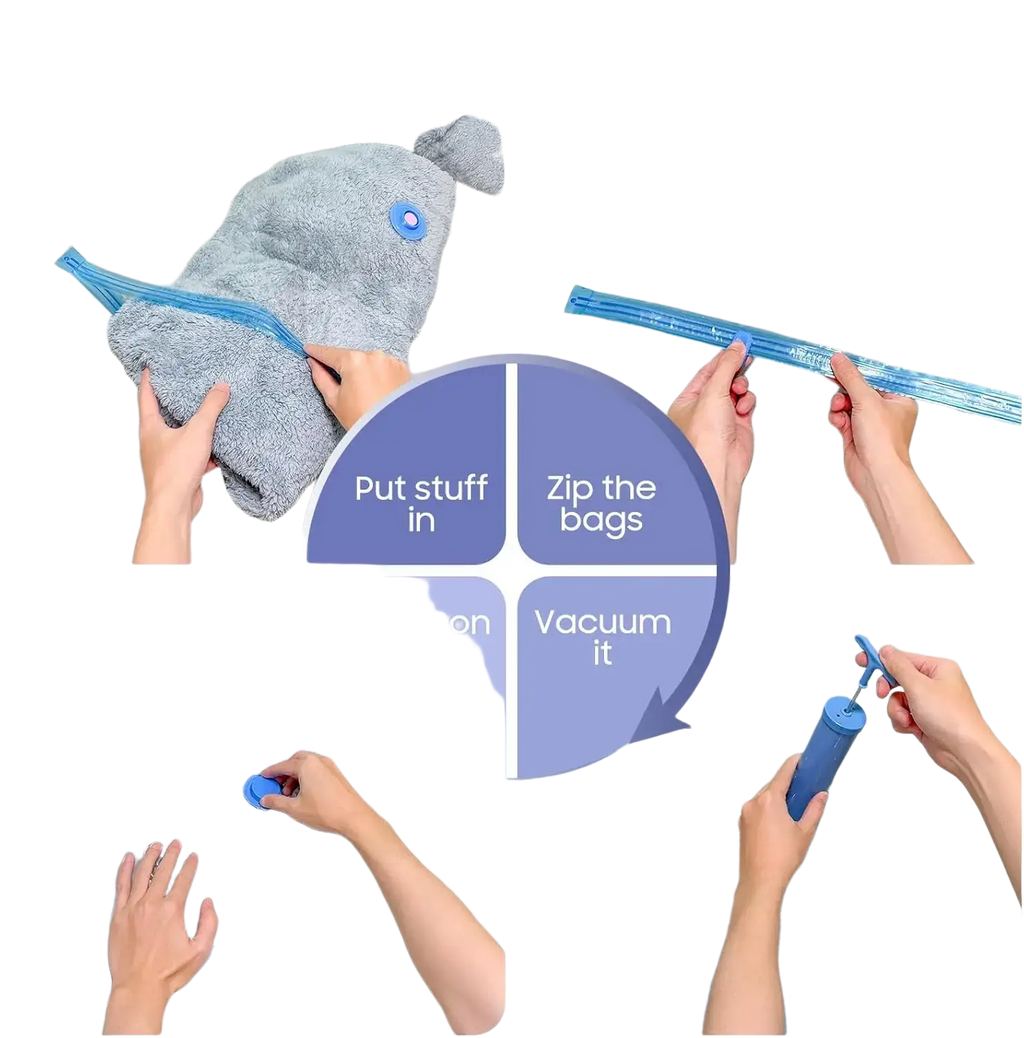 Blue vacuum storage bags with zipper closure and pump for clothes and blankets storage bags vacuum storage