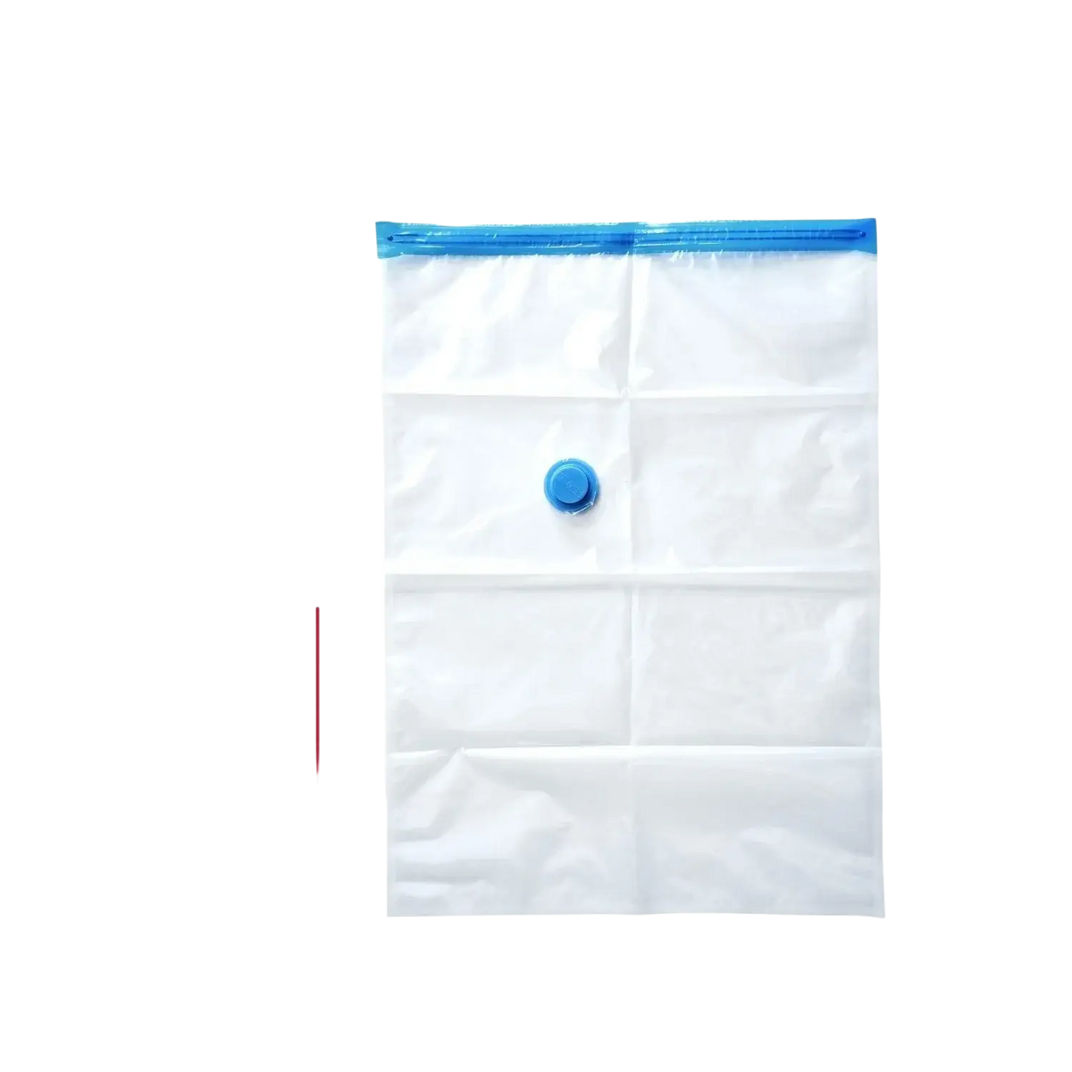 Clear plastic vacuum storage bag with blue zipper and valve for clothes and blankets storage bags