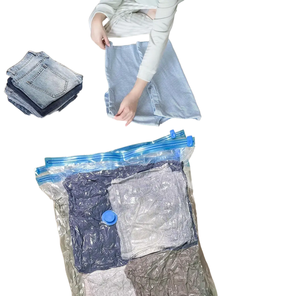 Clear plastic vacuum storage bags with blue zipper seals and valve containing folded clothes for organized storage