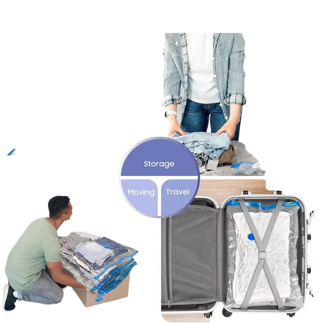 Transparent plastic vacuum storage bags with blue sealing strips and valve for clothes and blanket storage