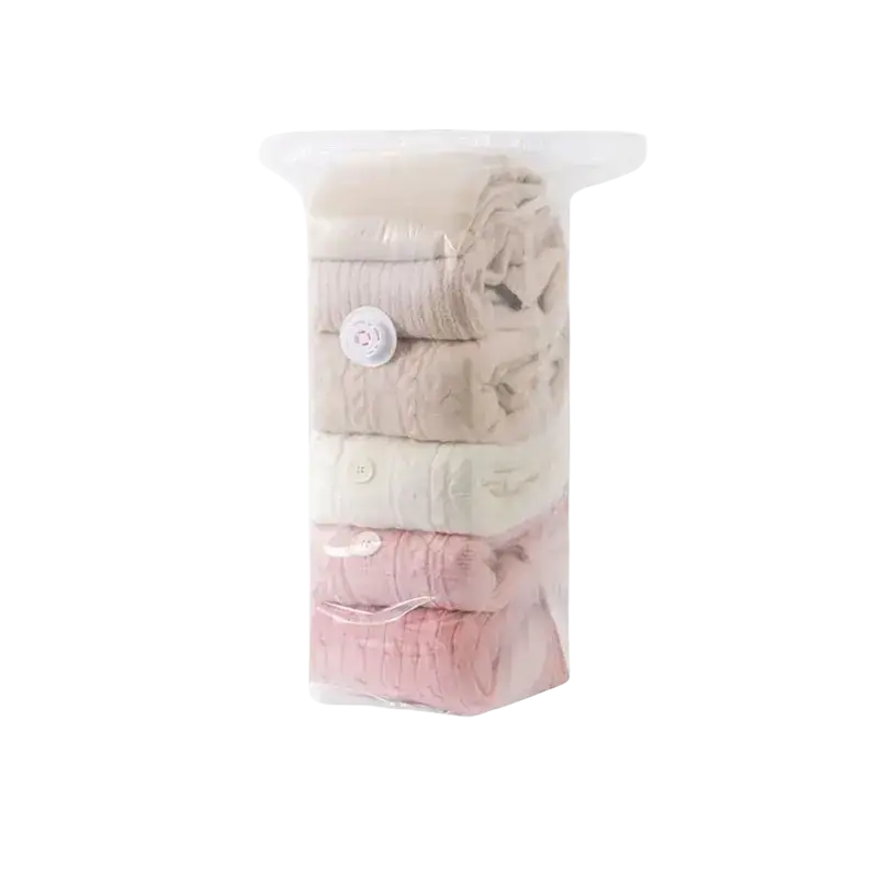 Clear plastic vacuum storage bags with white valve designed to store folded clothes in s size for bags store clothes