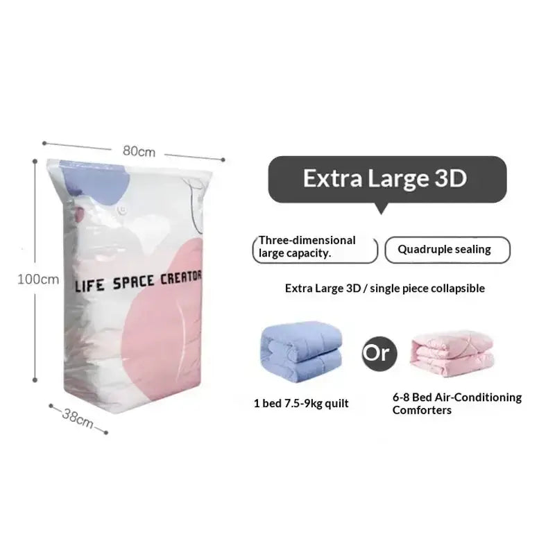 Extra large 3d vacuum storage bags with white pink and light blue abstract design to store clothes and quilts