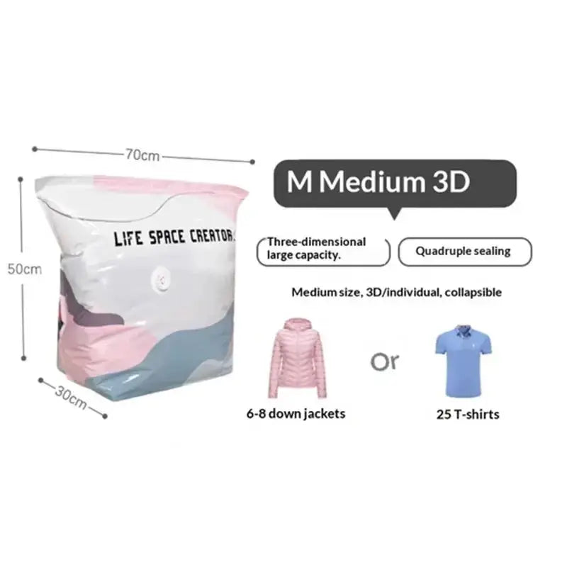 A medium 3d vacuum storage bag with a pastel pink and blue gradient for storing clothes and quilts