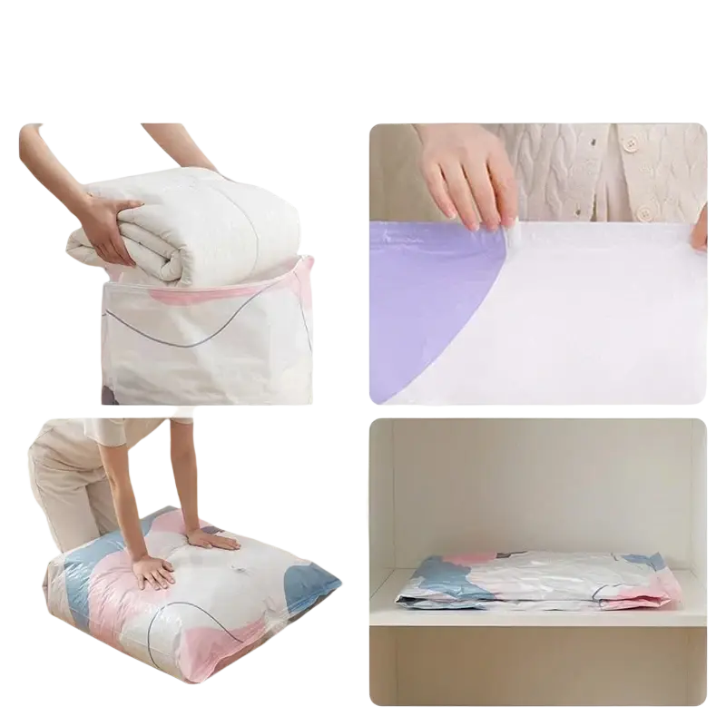 Pastel-colored transparent plastic vacuum storage bags with zipper closure and geometric pattern to store clothes and quilts