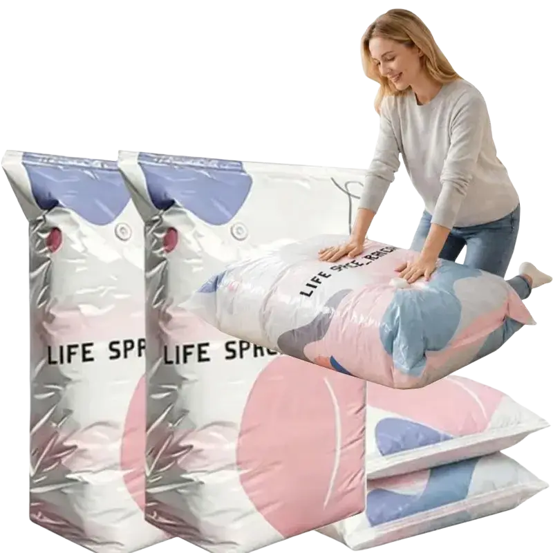 Vacuum storage bags with pink and blue abstract patterns and silver reflective finish for clothes and quilts storage