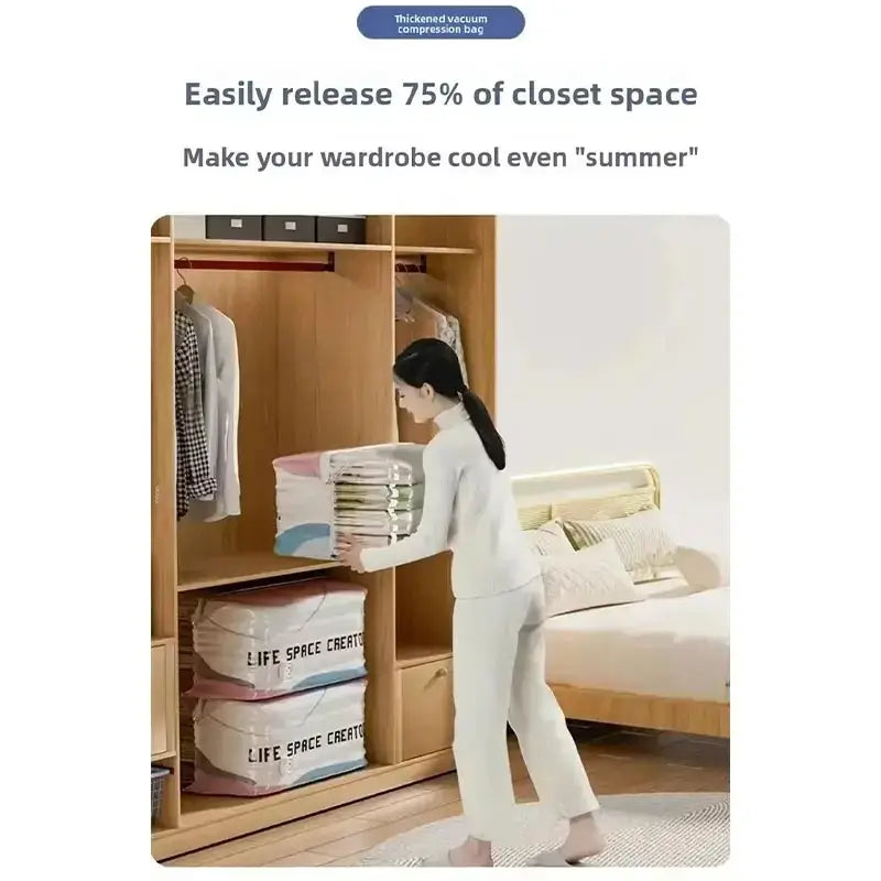 A stack of white and pink thickened vacuum storage bags store clothes and quilts with life space creator branding