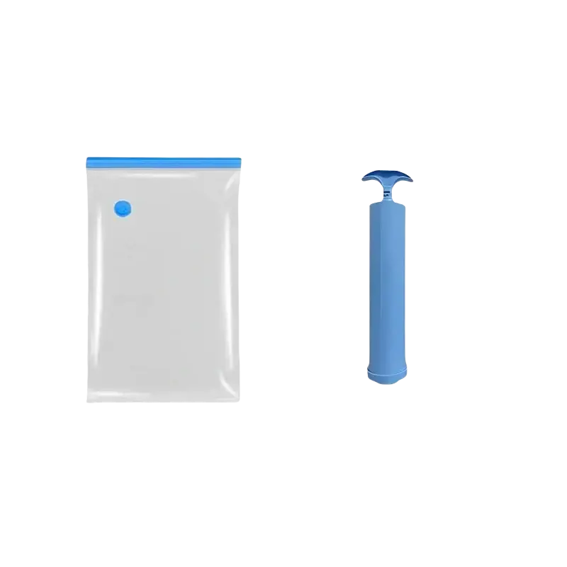 Blue-handled manual vacuum pump with matching blue-sealed transparent storage bag for vacuum storage bags