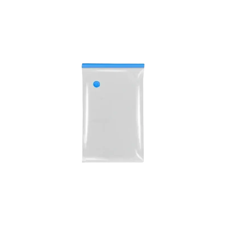 Clear plastic vacuum storage bag with blue zipper and seal button for comforters and clothing storage bags