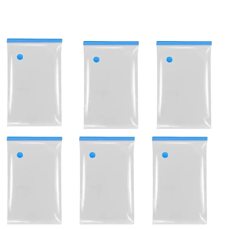 Vacuum storage bags made of clear plastic with blue sealing strips and valve caps for comforters and clothing storage bags