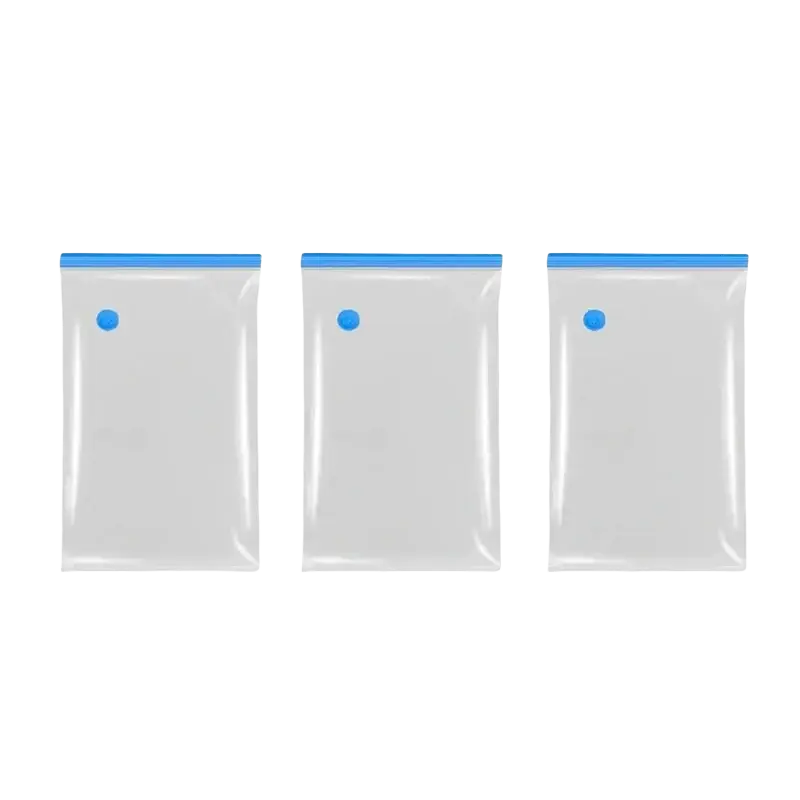 Clear plastic vacuum storage bags with blue seals and buttons for comforters and clothing storage bags