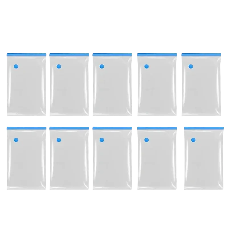 Clear plastic vacuum storage bags with blue sealing strips and valves for vacuum storage of comforters and clothing