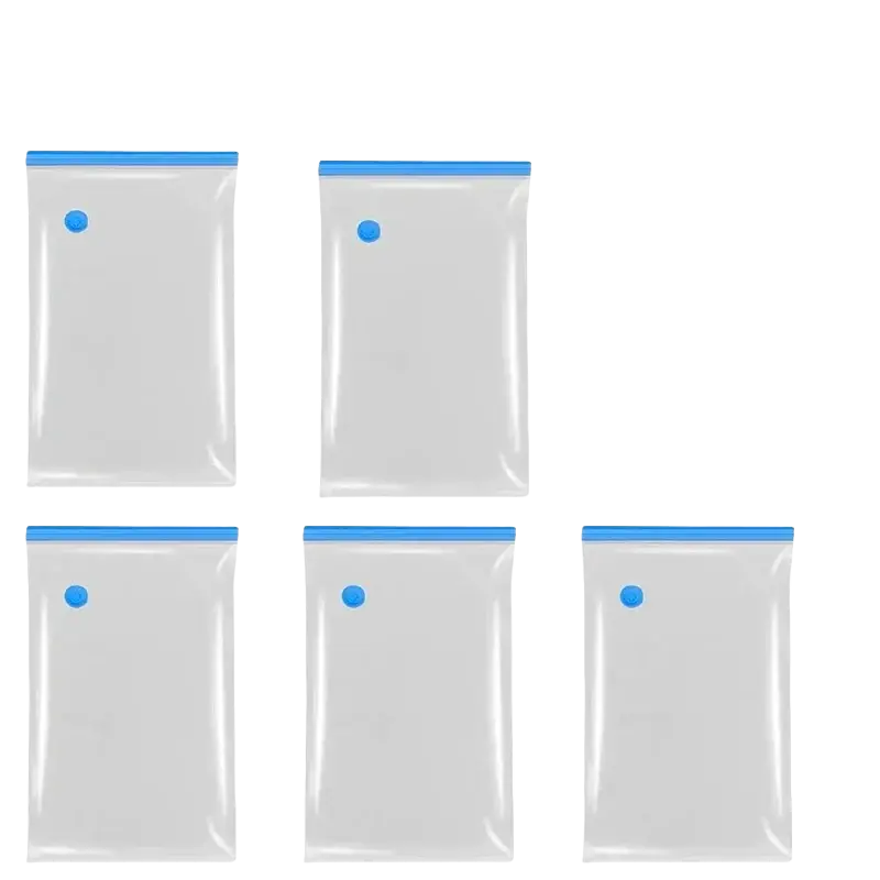 Clear plastic vacuum storage bags with blue sealing strips and valve buttons for comforters and clothing storage bags