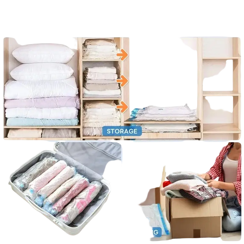 Clear plastic vacuum storage bags with blue valve caps for comforters and clothing ideal for travel and moving