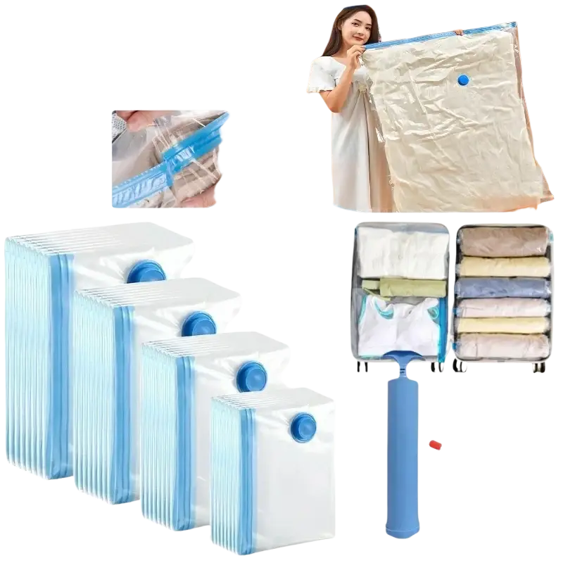 Clear plastic vacuum storage bags with blue reinforced seals and pump for organizing comforters and clothing