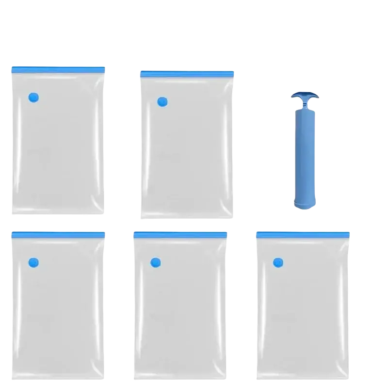 Set of five clear vacuum storage bags with blue seals and matching hand pump for comforters and clothing storage bags
