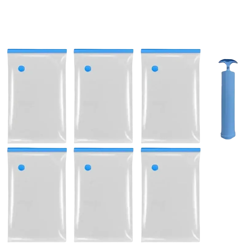 Set of six clear vacuum storage bags with blue seals and matching blue hand pump for clothing and comforters