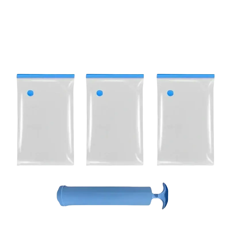 Set of three transparent vacuum storage bags with blue seals and a matching blue hand pump for comforters and clothing