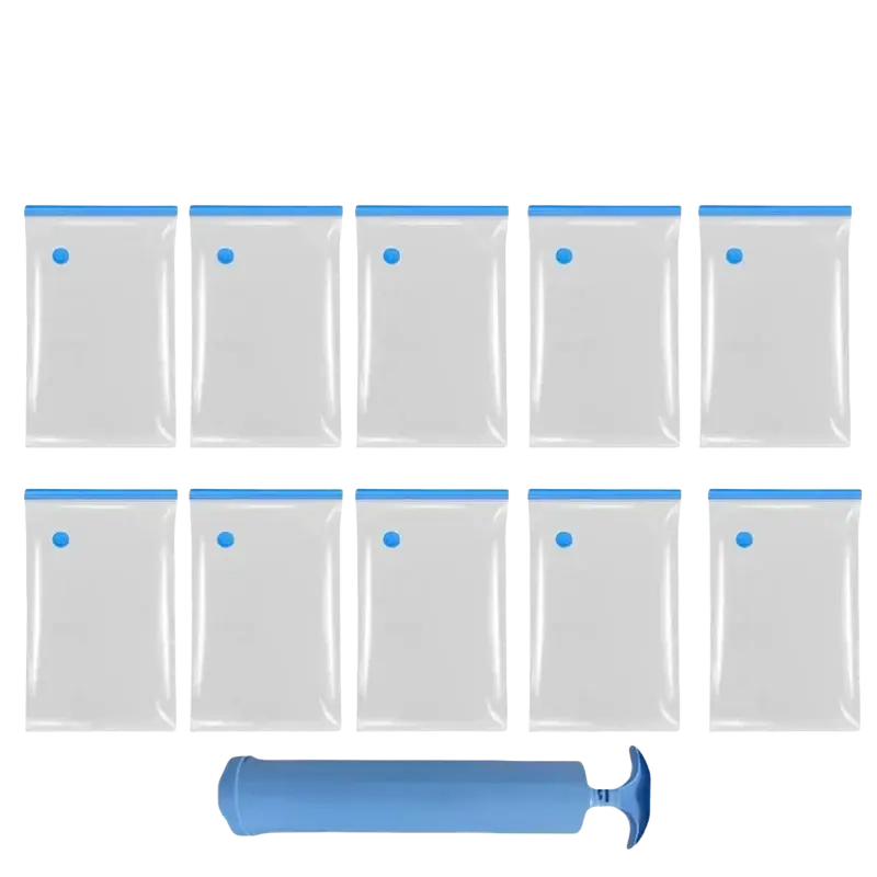 Ten clear vacuum storage bags with blue seals and a matching blue hand pump for comforters and clothing storage bags