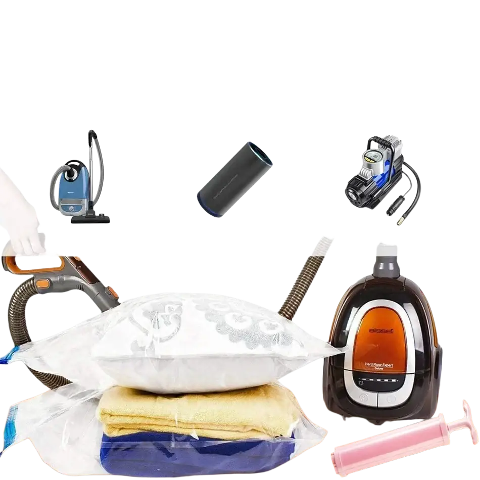 Clear plastic compression bag storage bags with white bedding inside and black hand pump for sealing and space saving