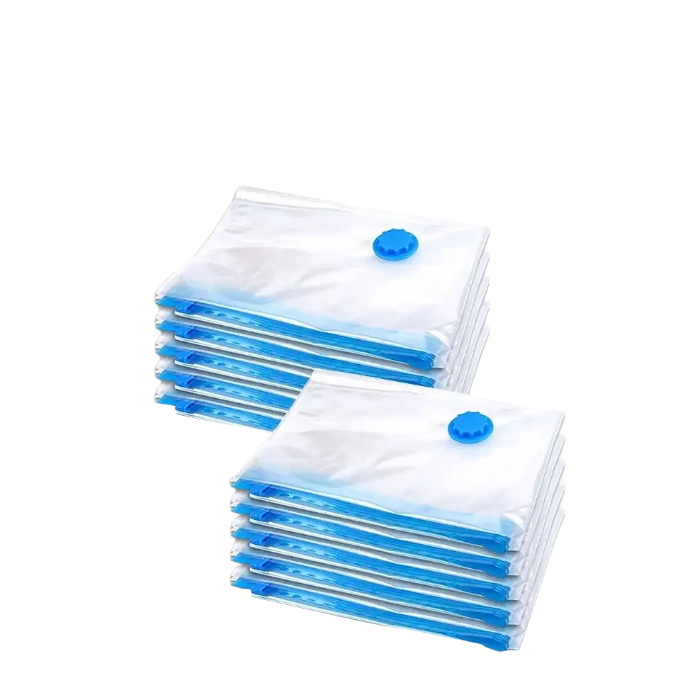 Clear plastic compression storage bags with blue sealing buttons and hand pump for bedding and clothes 10-pack