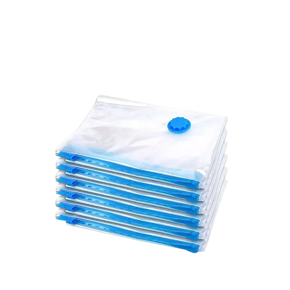 Vacuum storage bags six-pack with clear plastic compression bags blue zipper seals and hand pump valve for bedding and clothes