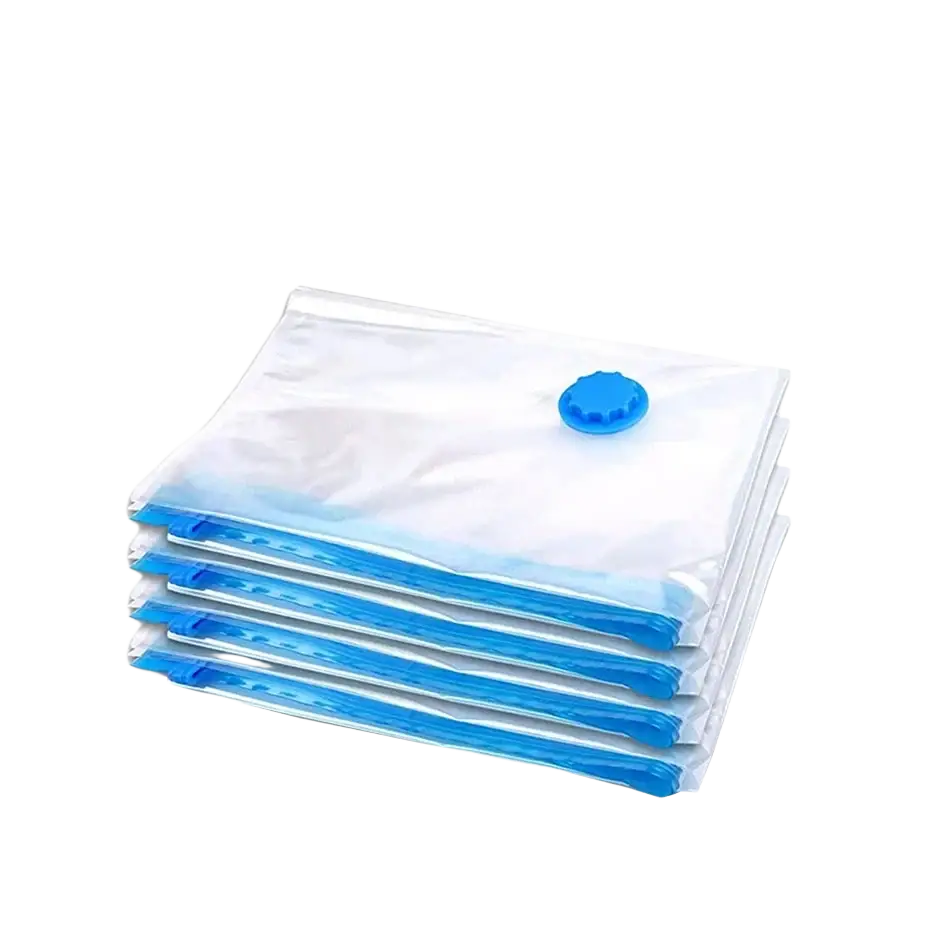 Vacuum storage bags clear plastic compression bags with blue sealing strips and hand pump valve cap for bedding and clothes