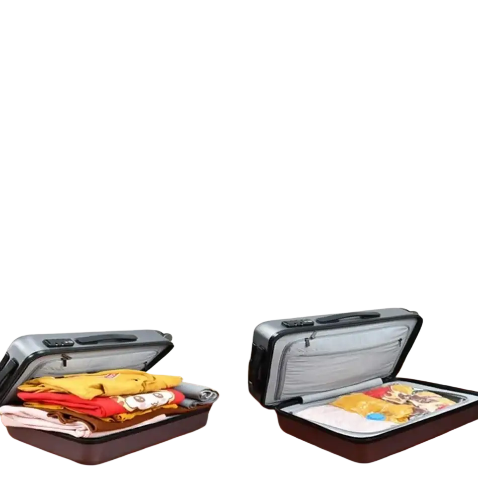 Gray hard-shell suitcase with black handle and zippers showing interior with neatly folded clothes using compression storage bags with hand pump